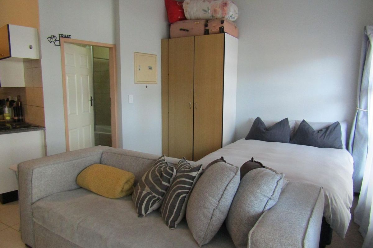 Compact open-plan studio apartment featuring a combined living and sleeping area with built-in storage and an adjacent kitchen space.