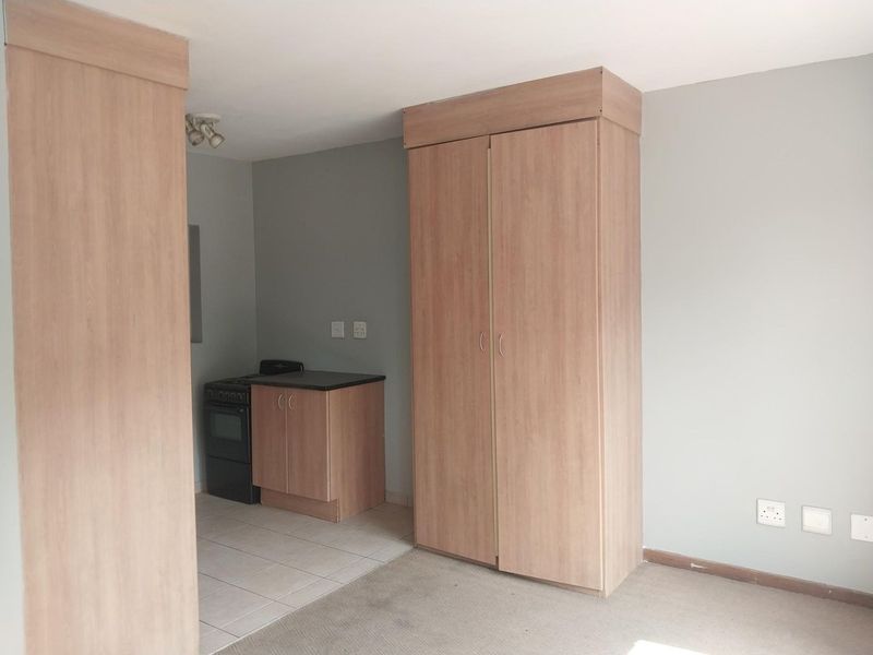 Open plan studio apartment featuring a compact kitchen area with built-in cabinetry and a large built-in wardrobe.