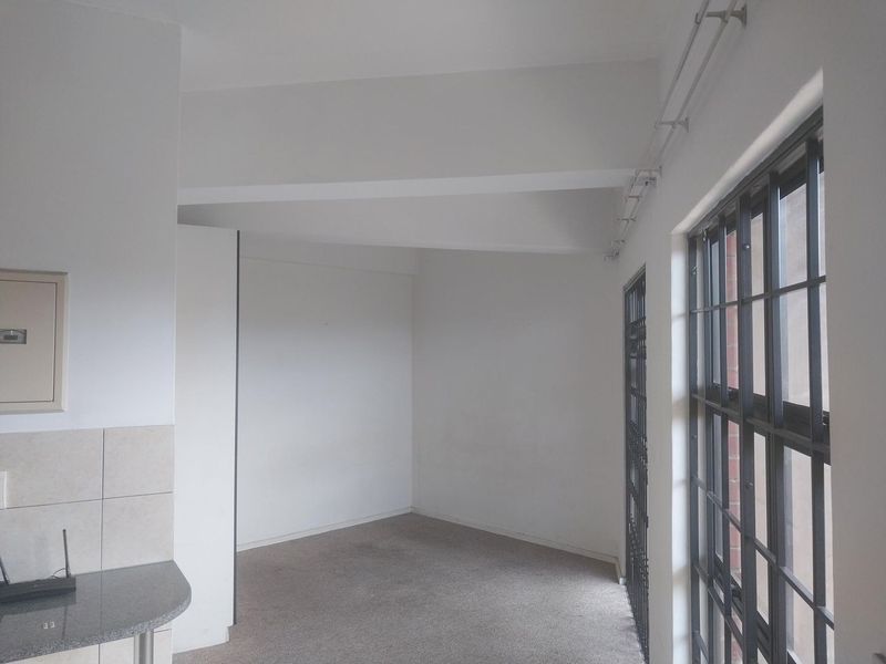 An empty open-plan living area featuring neutral walls, carpeted flooring, and secure metal-framed windows with an integrated security gate.