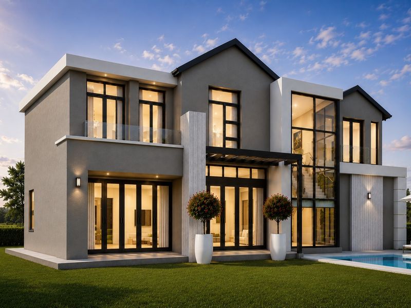 Modern double-story rear facade featuring expansive floor-to-ceiling windows, bi-fold doors, a swimming pool, and contemporary architectural finishes.