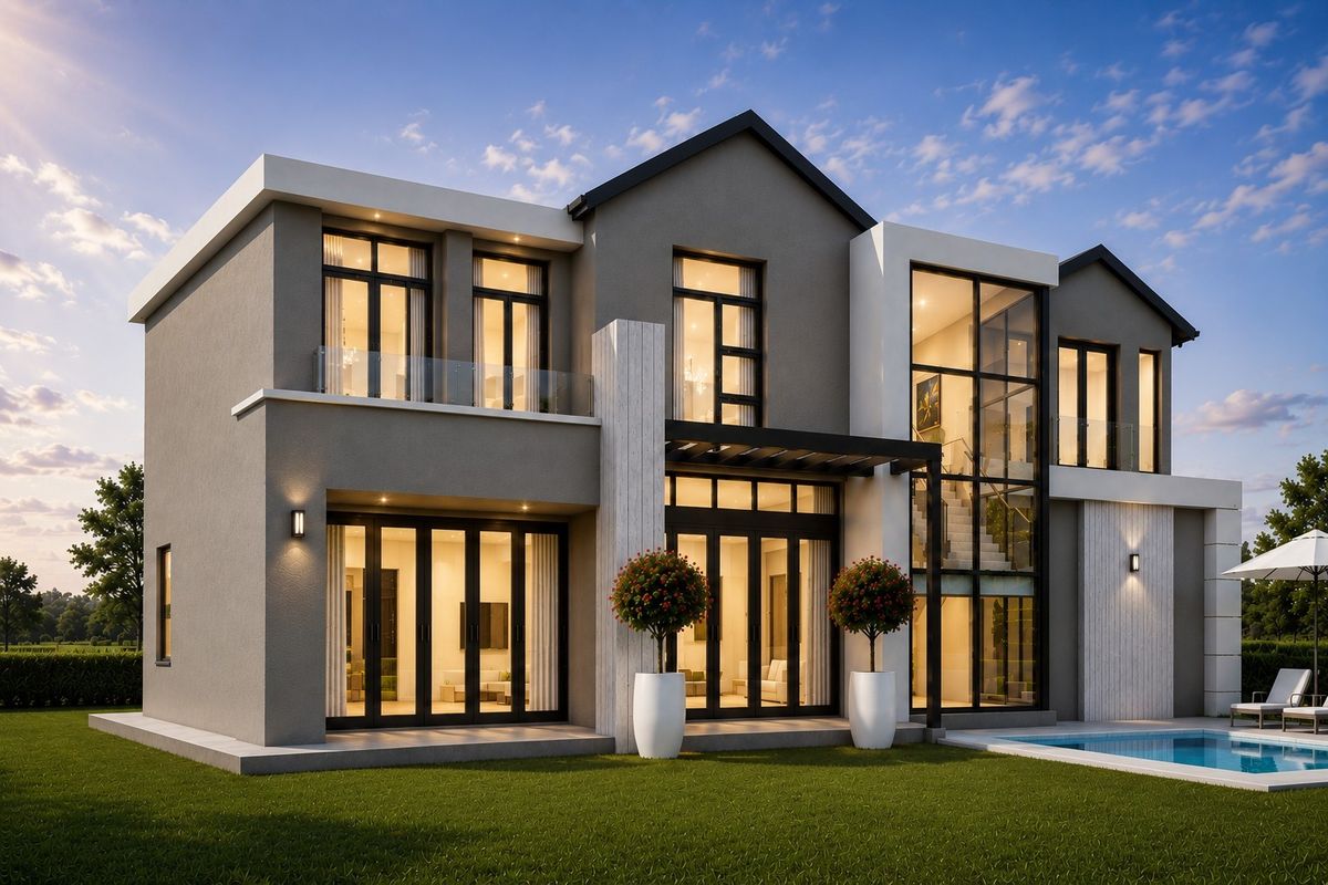 Modern double-story rear facade featuring expansive floor-to-ceiling windows, bi-fold doors, a swimming pool, and contemporary architectural finishes.