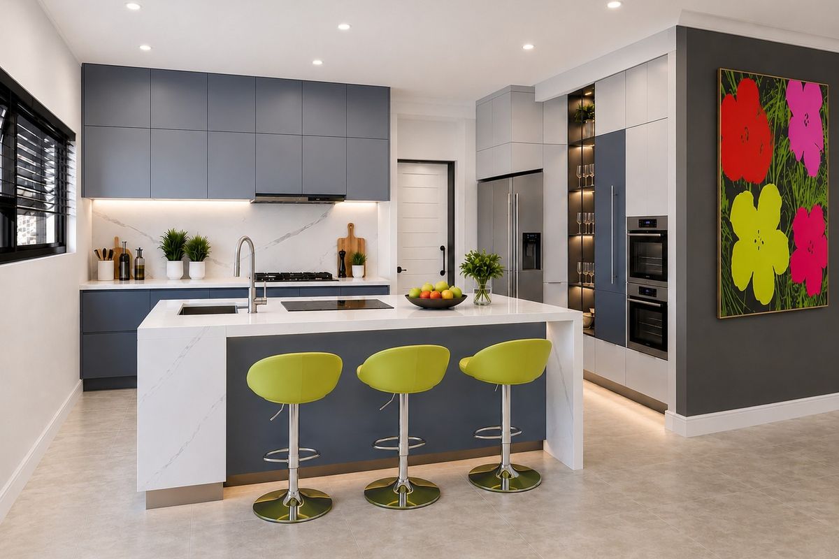 Modern kitchen featuring a large island with stone countertops, integrated appliances, sleek cabinetry, and recessed lighting in a contemporary open-plan layout.