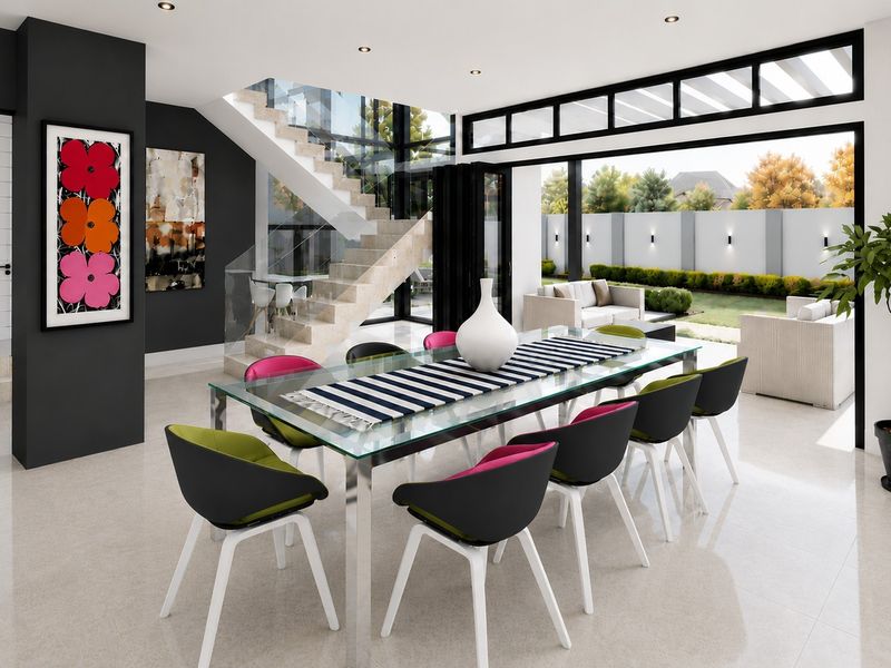 Modern open-plan dining area featuring a glass staircase, sleek tiled flooring, and large bi-fold doors opening to a landscaped rear garden.