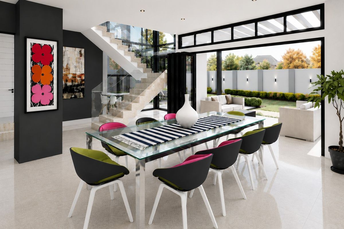 Modern open-plan dining area featuring a glass staircase, sleek tiled flooring, and large bi-fold doors opening to a landscaped rear garden.