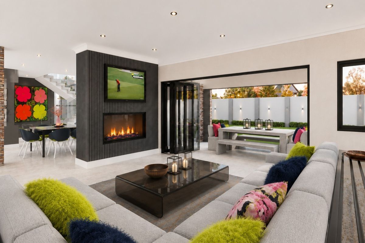Modern open-plan living area featuring a sleek gas fireplace, slatted feature wall, and seamless indoor-outdoor flow through large stacking glass doors to the patio.