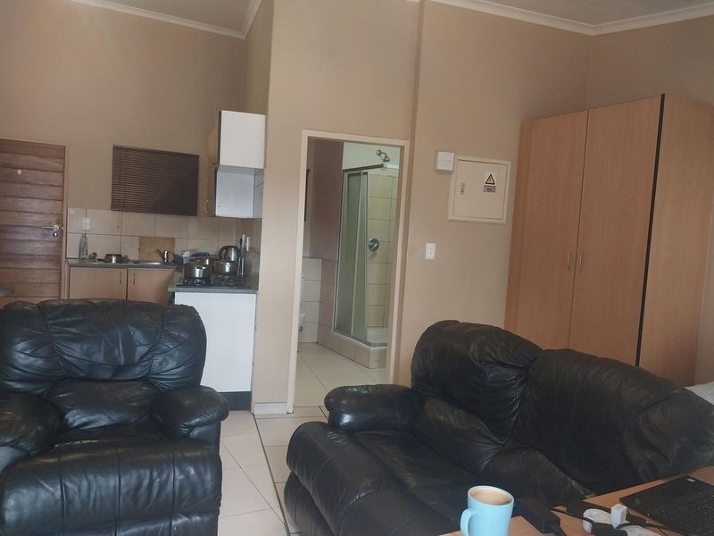 Open-plan living area featuring a compact kitchenette with built-in cabinetry and direct access to an en-suite bathroom with a shower.
