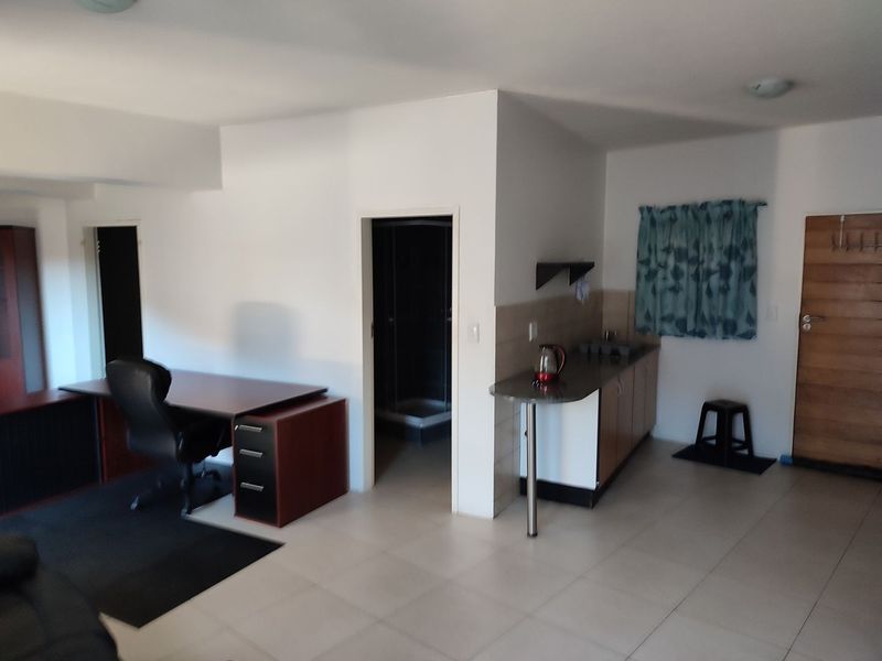 Open plan studio apartment featuring a kitchenette with stone countertop and an adjoining bathroom with a shower cubicle.
