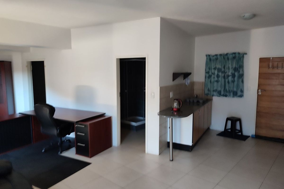 Open plan studio apartment featuring a kitchenette with stone countertop and an adjoining bathroom with a shower cubicle.
