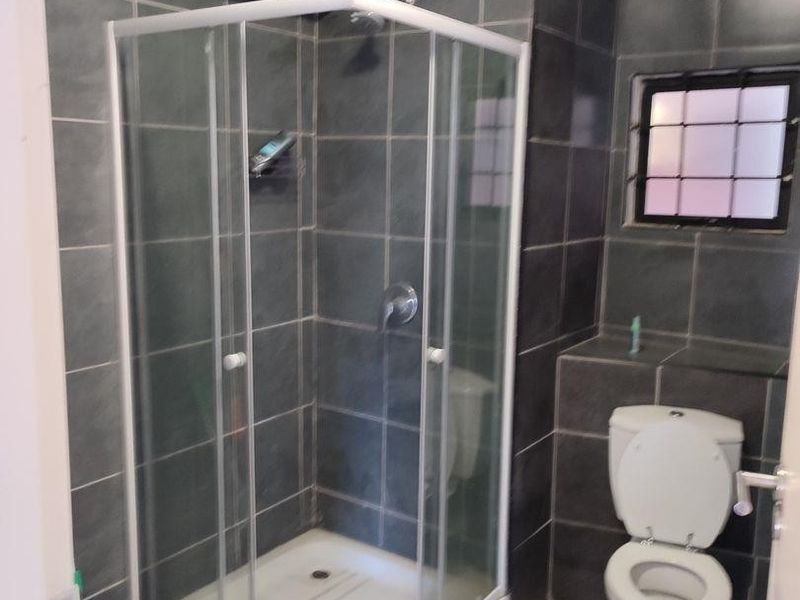 A compact bathroom featuring a corner shower enclosure, a standard toilet, and dark grey wall tiling with a functional extractor fan.