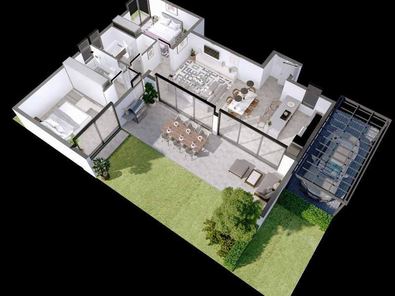 A 3D floor plan rendering showing the layout of a modern home, including bedrooms, bathrooms, open-plan living spaces, a patio, garden, and carport.