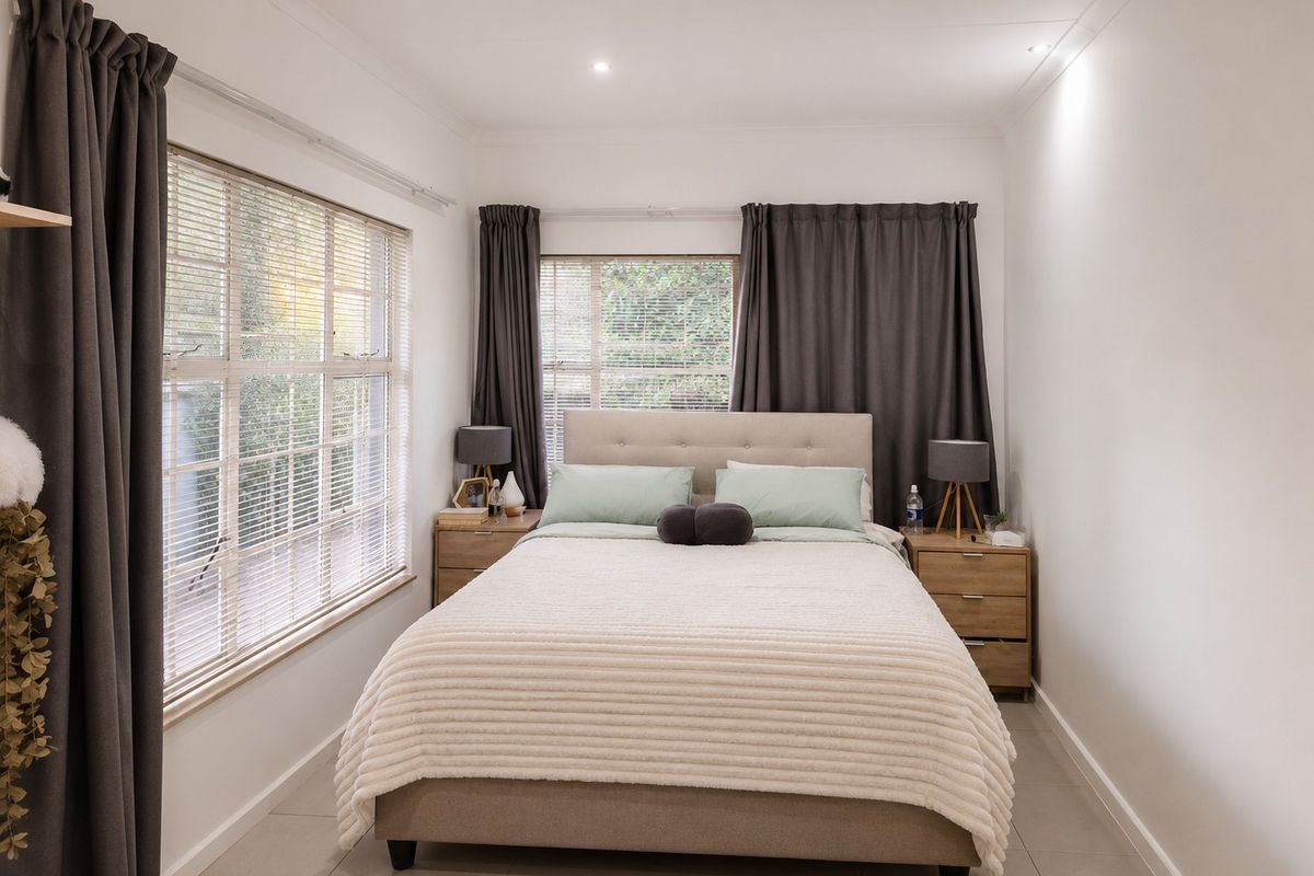 A bright and well-maintained bedroom featuring large windows, neutral tiled flooring, and recessed downlighting, creating a comfortable and inviting living space.