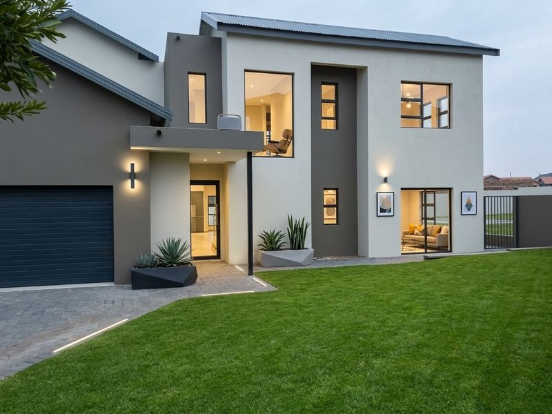 A modern double-storey residential facade featuring a paved driveway, integrated double garage, and well-maintained landscaped lawn with contemporary exterior lighting.