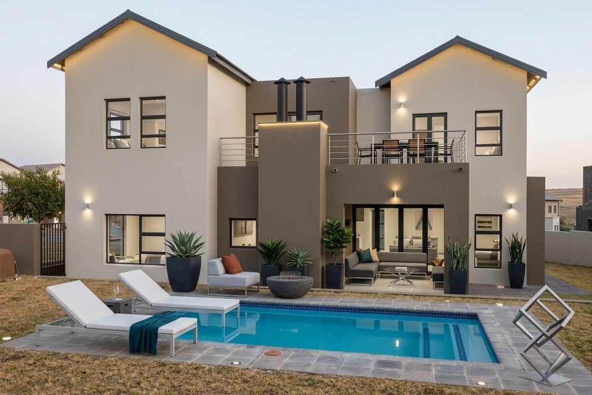 Modern double-story residence featuring a rear patio, balcony, and a well-maintained swimming pool area with contemporary architectural finishes.