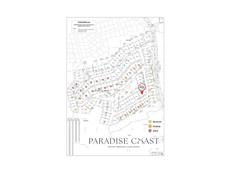 A site development plan for the Paradise Coast residential estate, showing available, reserved, and sold plots.