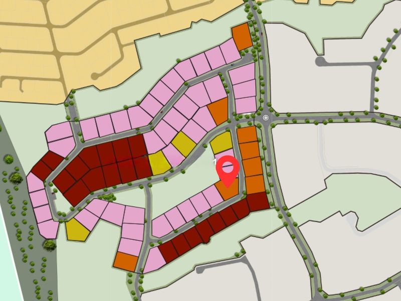 A site development plan showing the layout of residential plots within the estate, with a red marker indicating the specific property location.