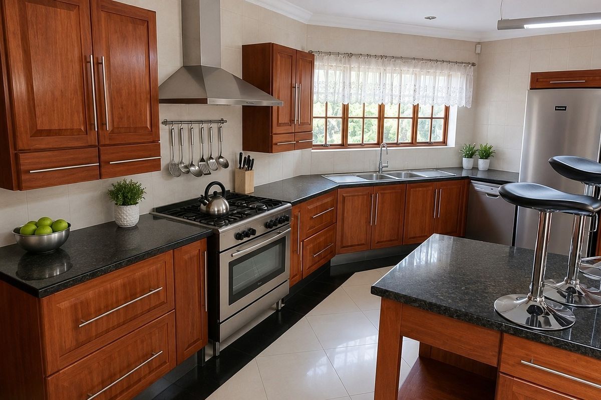 A well-maintained kitchen featuring warm wooden cabinetry, granite countertops, a central island, and stainless steel appliances, offering a functional and classic cooking space.