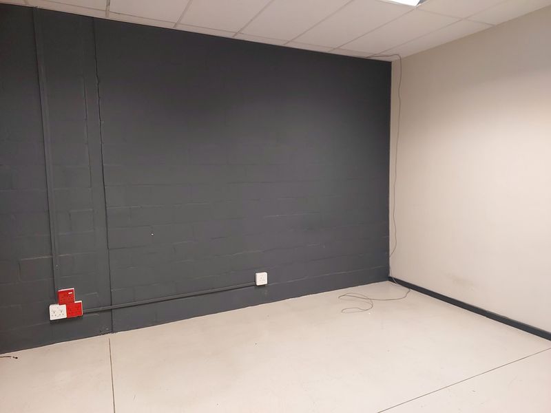 A vacant office space featuring a dark accent wall, suspended ceiling, and exposed electrical infrastructure, providing a clean canvas for professional workspace customization.