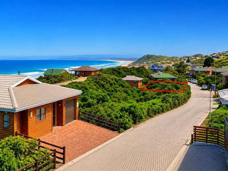 An aerial view of a residential vacant land plot situated in a coastal neighborhood, featuring surrounding vegetation and proximity to the ocean.