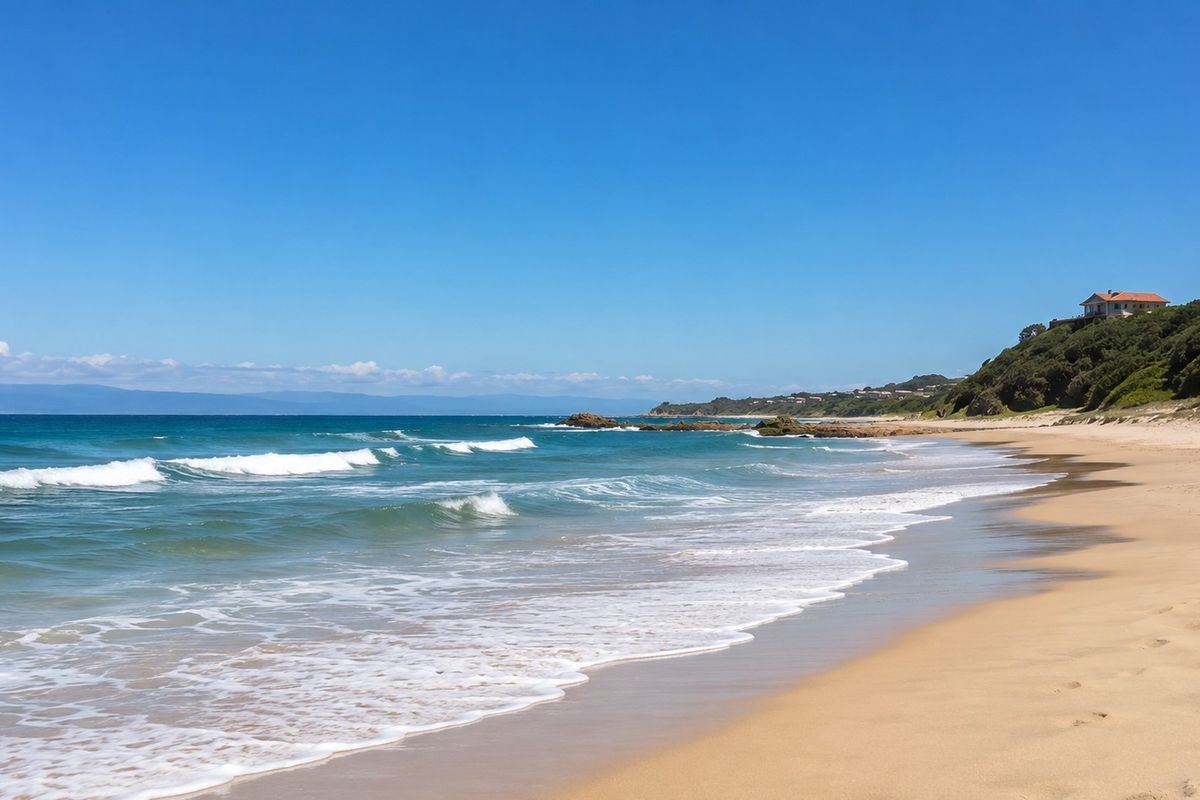 A scenic view of the sandy beach and ocean coastline, showcasing the natural landscape and coastal environment.