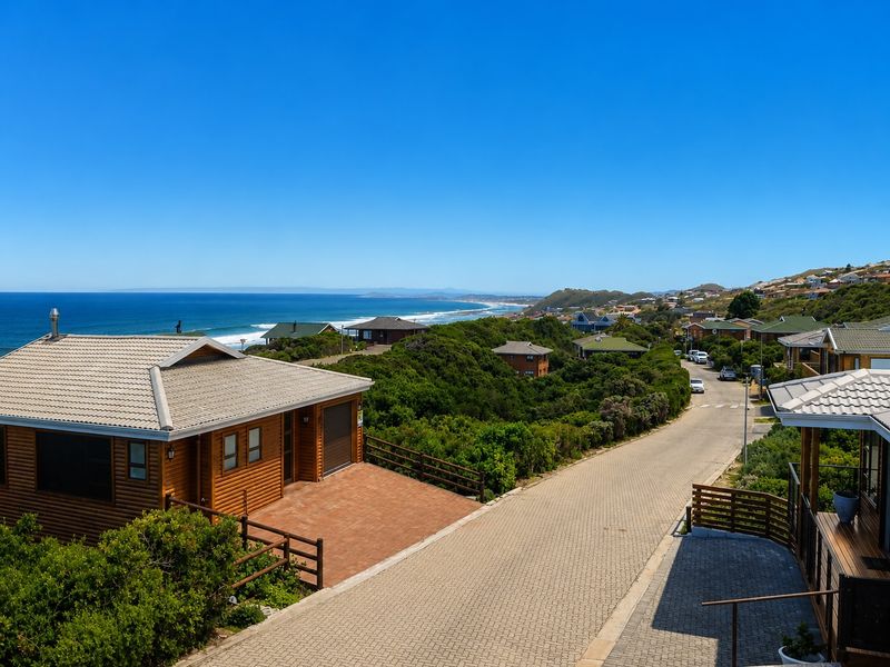 Elevated aerial view of a coastal residential street featuring timber-clad homes, paved driveways, and scenic ocean views.
