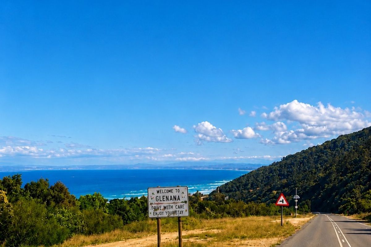 A scenic street view showing the approach to the area with coastal landscape views and clear road infrastructure.