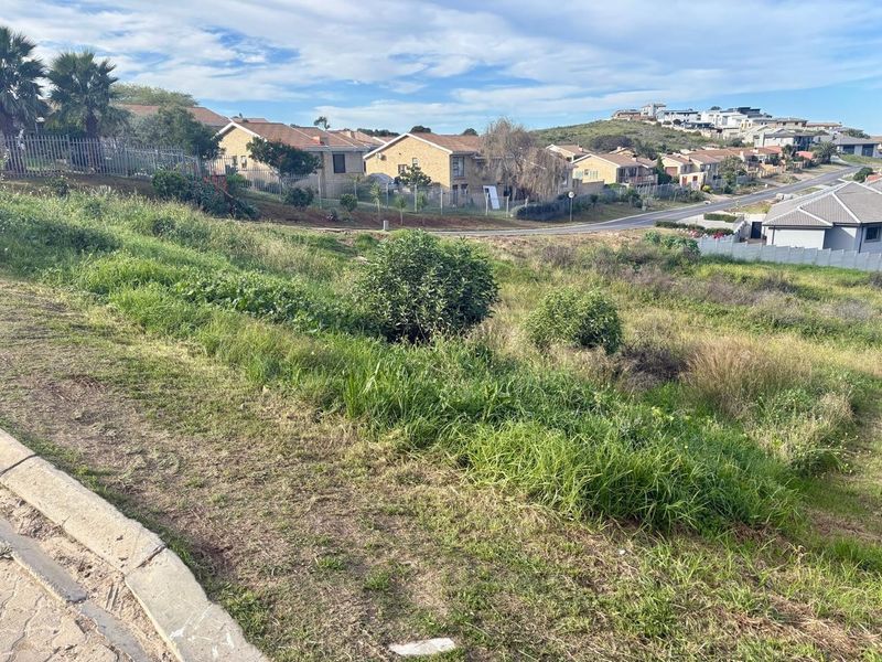 A view of a vacant residential plot featuring sloped terrain and established grass, situated in a developed suburban neighborhood.