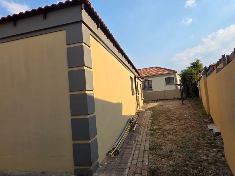 A side view of the property showing a paved walkway, boundary wall, and an unmaintained rear garden area.