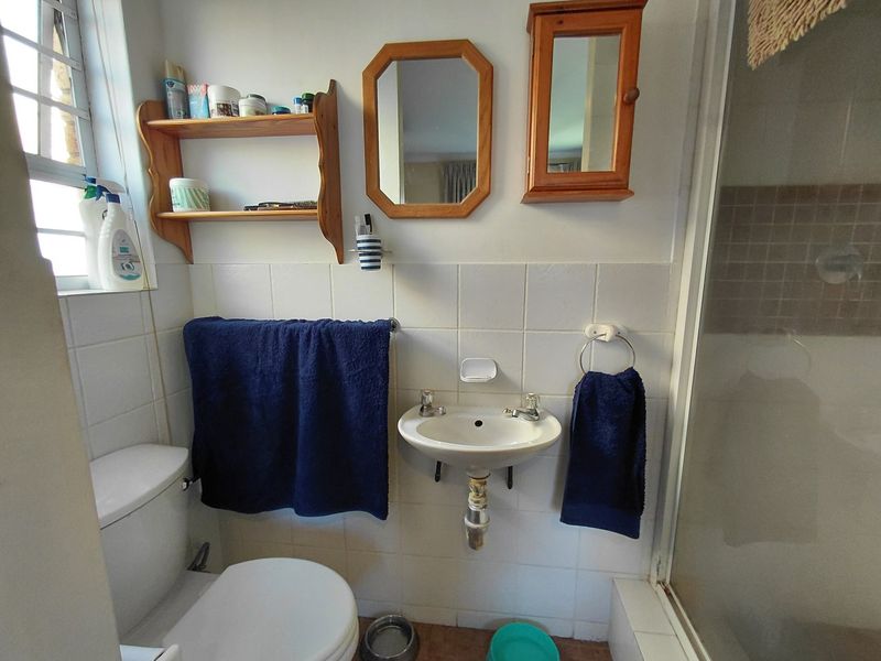 Compact bathroom featuring a wall-mounted basin, toilet, and shower enclosure with tiled splashbacks.