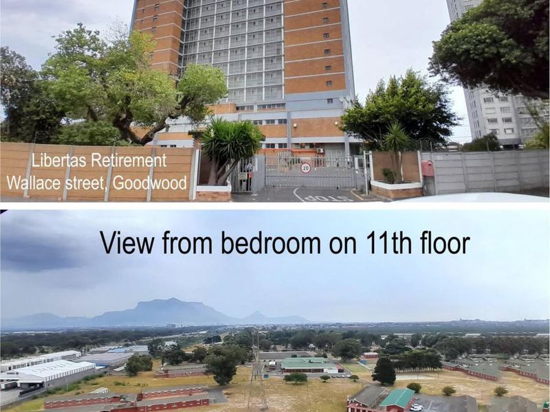A multi-story retirement village building with secure gated access, accompanied by an elevated view from an upper-floor unit.