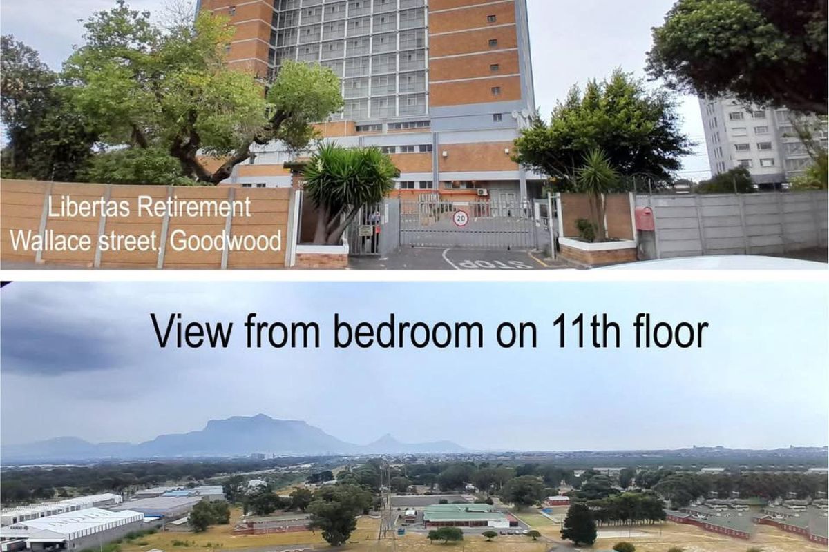 A multi-story retirement village building with secure gated access, accompanied by an elevated view from an upper-floor unit.