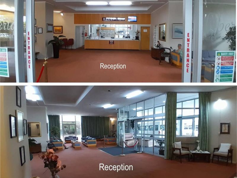 A retirement village reception area featuring a service desk, glass partitions, and a spacious waiting lobby with large windows.