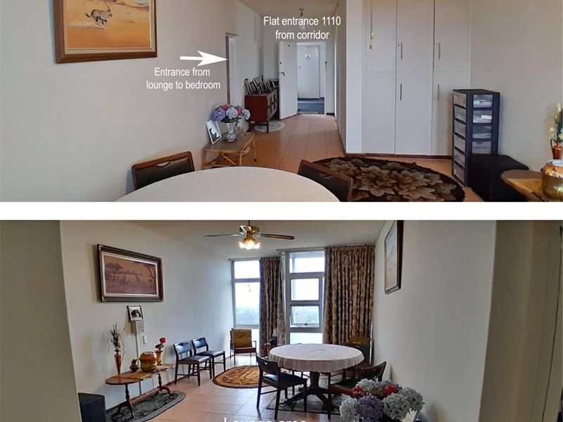 A living area featuring tiled flooring, built-in cupboards, and a ceiling fan, with direct access to the bedroom and corridor.