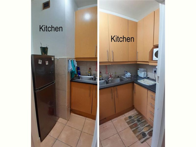 A compact kitchen featuring laminate cabinetry, tiled splashbacks, and tiled flooring, providing functional storage and workspace.