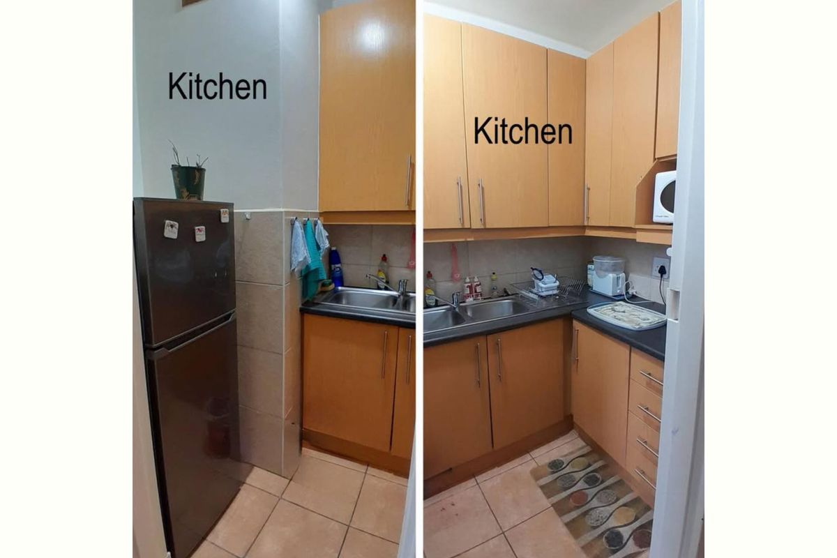 A compact kitchen featuring laminate cabinetry, tiled splashbacks, and tiled flooring, providing functional storage and workspace.