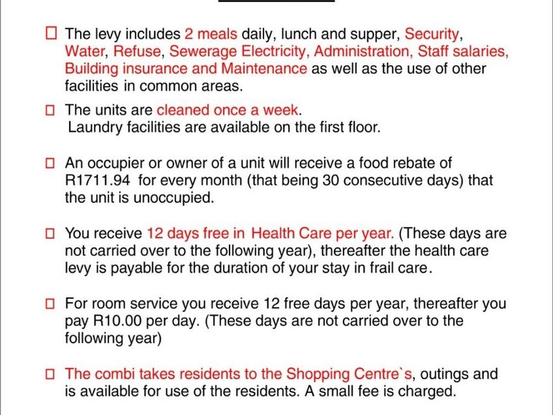 An informational document outlining the monthly levy structure, inclusions, and rental options for the Libertas Retirement Centre.
