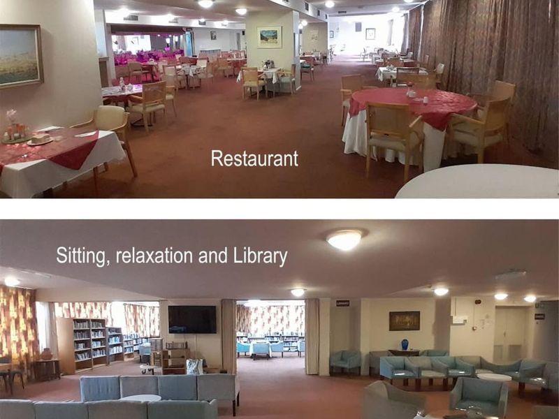 A communal retirement village facility featuring a restaurant dining area and a separate relaxation lounge with an integrated library space.