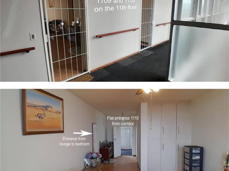 A composite image showing the apartment entrance corridor with security gates and grab rails, and an interior view of the unit's hallway with built-in storage.