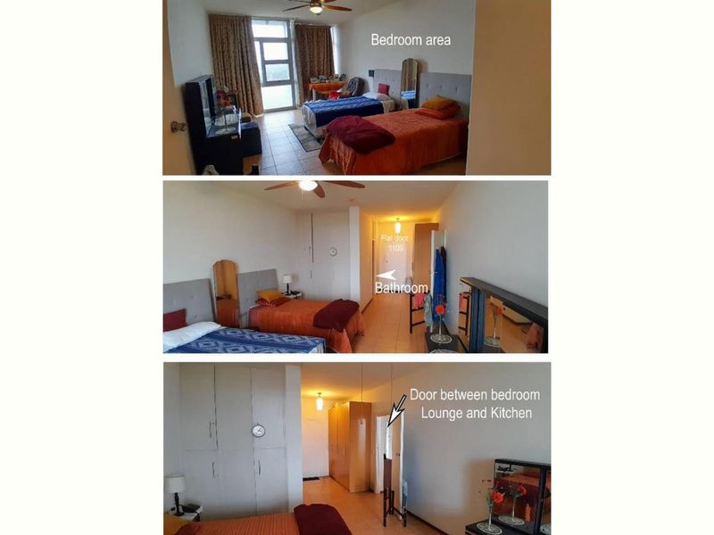 A bedroom area featuring built-in cupboards, tiled flooring, and a ceiling fan, with direct access to a bathroom and adjacent living space.