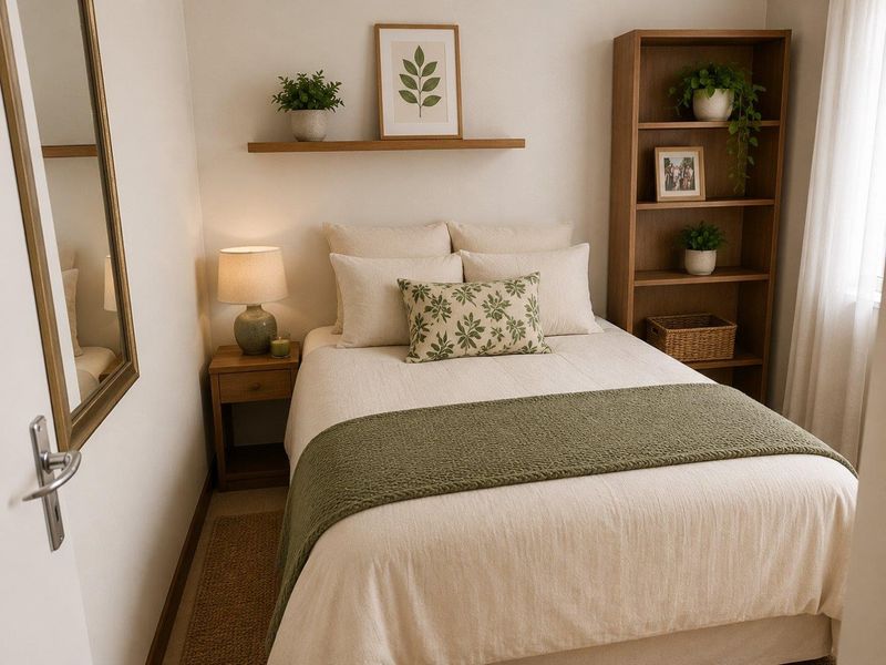 A cozy, well-maintained bedroom featuring a floating shelf and built-in shelving unit, finished with neutral tones and clean architectural lines.