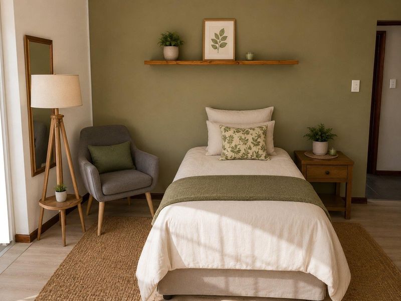 A well-maintained bedroom featuring neutral tones, a floating wooden shelf, and light-colored laminate flooring.