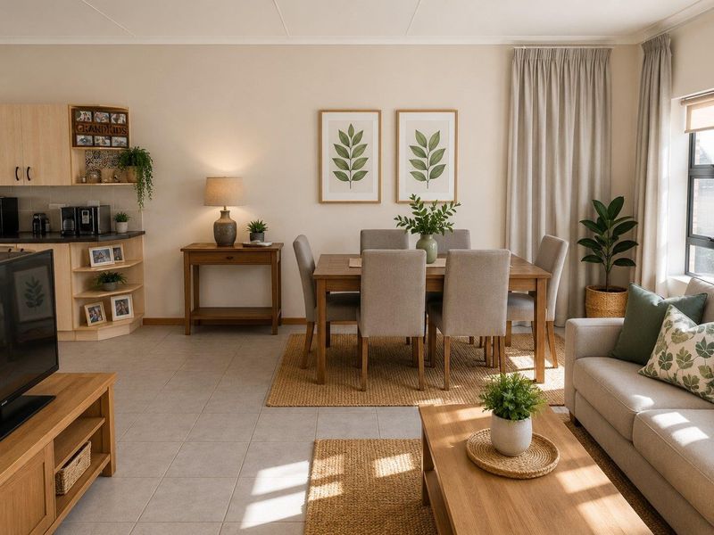 A bright and well-maintained open-plan living and dining area featuring neutral tiled flooring and functional built-in cabinetry.