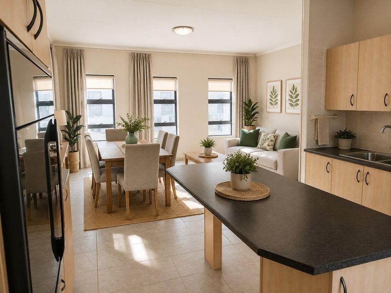 An open-plan living and dining area featuring a functional kitchen with light wood cabinetry, dark countertops, and tiled flooring throughout.