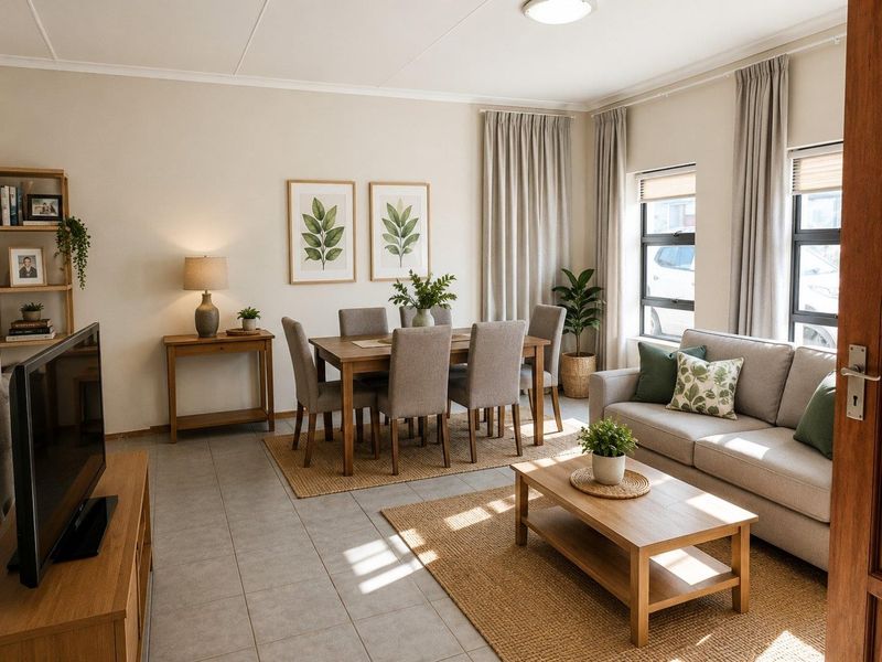 A bright and well-maintained open-plan living and dining area featuring neutral tiled flooring and large windows that provide ample natural light.