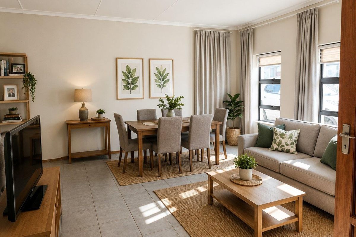 A bright and well-maintained open-plan living and dining area featuring neutral tiled flooring and large windows that provide ample natural light.
