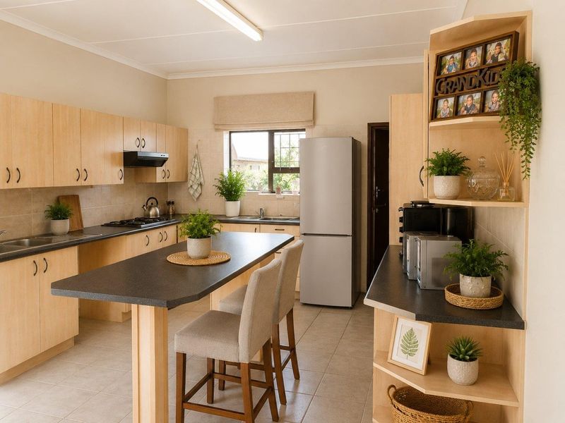 A functional kitchen featuring light wood cabinetry, dark laminate countertops, a breakfast nook, and tiled flooring with a gas hob and extractor fan.