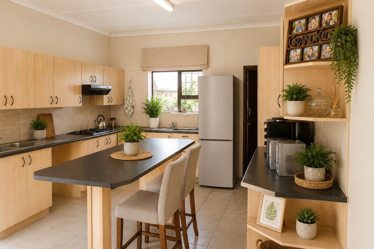 A functional kitchen featuring light wood cabinetry, dark laminate countertops, a breakfast nook, and tiled flooring with a gas hob and extractor fan.