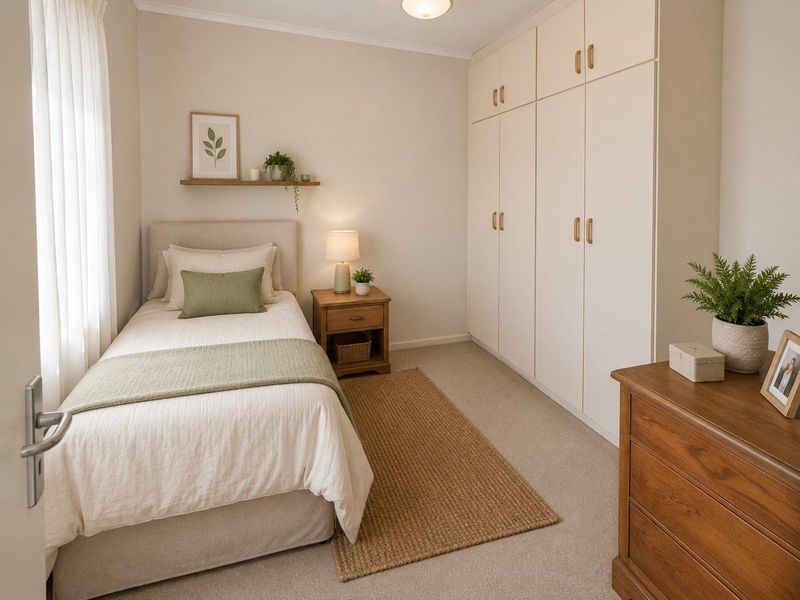 A well-maintained bedroom featuring neutral carpet flooring, a spacious floor-to-ceiling built-in wardrobe, and a floating wall shelf.