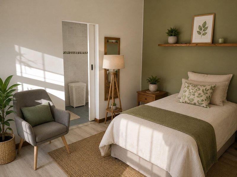 A well-lit bedroom featuring neutral tones, an accent wall, and direct access to an en-suite bathroom through a sliding door.