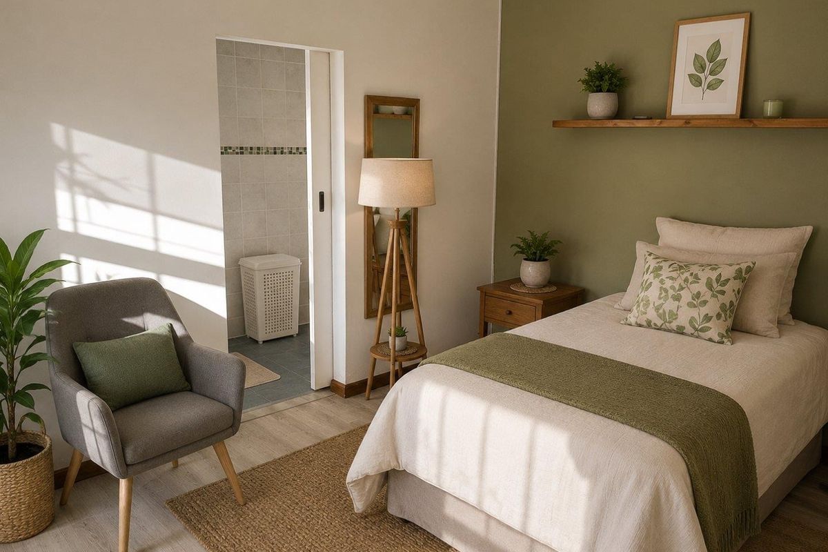 A well-lit bedroom featuring neutral tones, an accent wall, and direct access to an en-suite bathroom through a sliding door.
