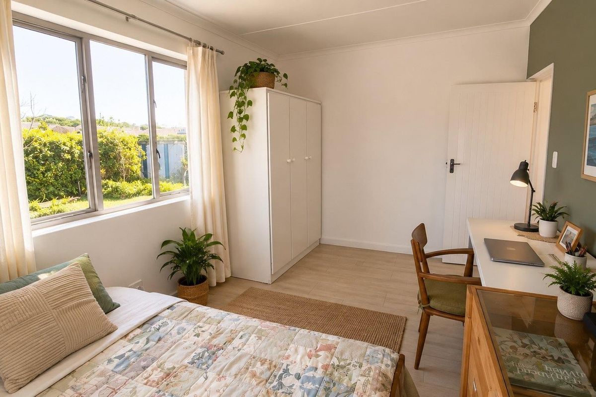 A bright and well-maintained bedroom featuring laminate flooring, a built-in wardrobe, and large windows providing natural light and garden views.
